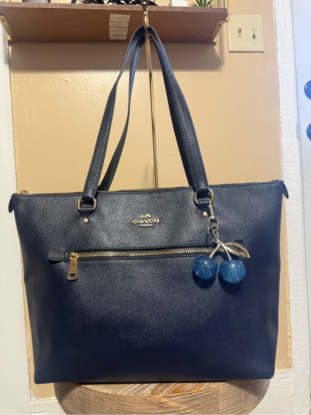 Coach Navy Leather Tote Bag with Cherry Charm not included